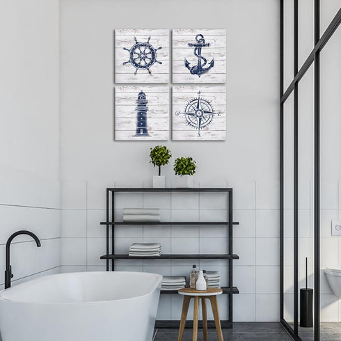 LoveHouse Nautical Canvas Wall Art Nautical Bathroom Decor Navy and White Lighthouse Decor Boat Anchor Compass Painting