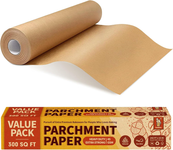 Katbite Unbleached Parchment Paper Roll, 15in x 242ft, Non-Stick with Serrated Cutter for Baking