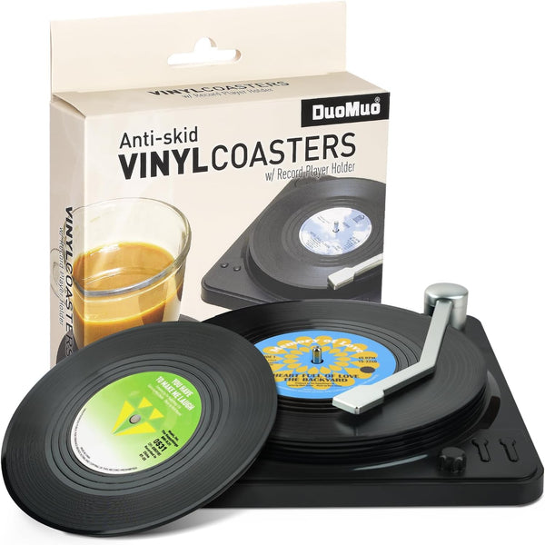 Funny Retro Record Coasters for Drinks, Set of 6 Vinyl Player Holder for Music Lovers, Conversation Piece Drink Coasters