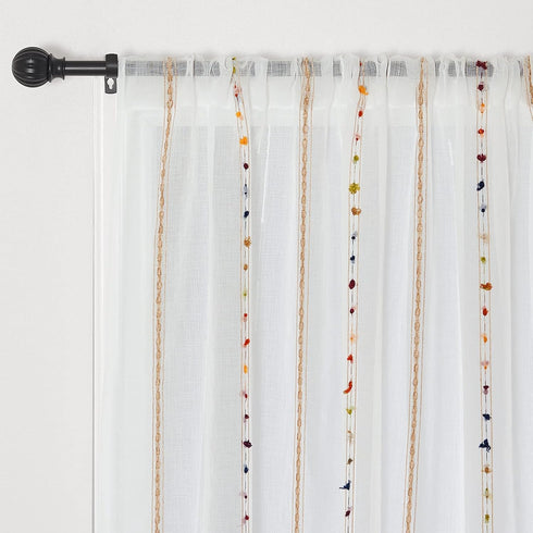 pureaqu Faux Linen Stripe Pom Pom Sheer Curtains, Colorful Rainbow Semi Sheer Voile Window Curtain, W52 x L96 Inch