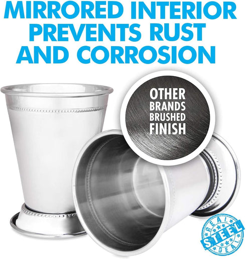 Mint Julep Cups: Stainless Steel Glasses, Set of 2 or Set of 4, 12 oz Metal Cocktail Glasses for Parties