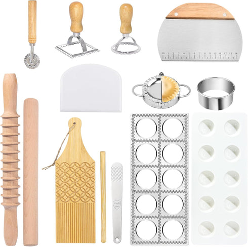 Krbnk Pasta Making Tools,13PCS Wood Pasta Making Kit with Pasta Rolling Pin,Ravioli Mold,Ravioli