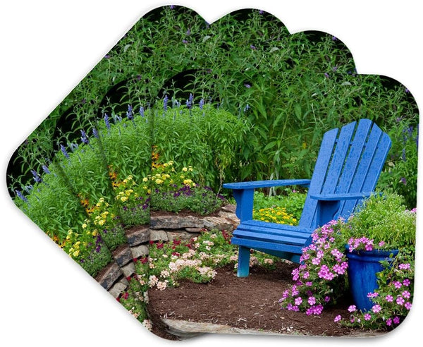 3D Rose Garden with Blue Adirondack Chair - Pot of Flowers Soft Coasters - Multicolor