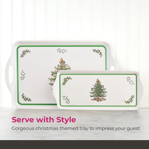 Spode Christmas Tree Sandwich Tray, 15" x 6.5", Decorative Serving Platter for Appetizers, Festive Melamine Dish