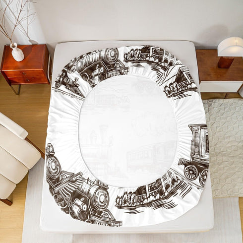 Set 3pcs 2 Manfei Train Kids Fitted Sheet Queen Size, Retro Steam Locomotive Train Bedding for Boys Girls Room Decor