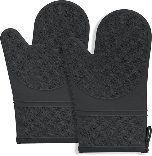 2PCS Silicone Oven Mitts, Black Oven Gloves with Non-Slip Waterproof, Heat Resistant 600 Degree for Cooking Baking