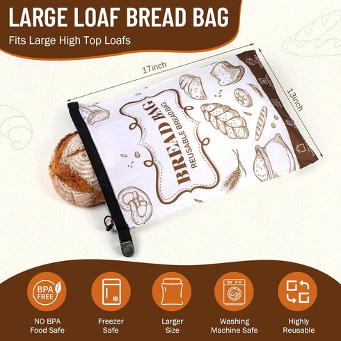 2 Packs Bread Bags, Bread Bags for Homemade Roti, Reusable Sourdough Storage Bag With Zipper, Large Freezer Container