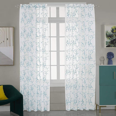 Embroidery Blue Sheer Curtains, 84 Inches Long, Rod Pocket Drapes for Living Room, 2 Panels, 52"x84"