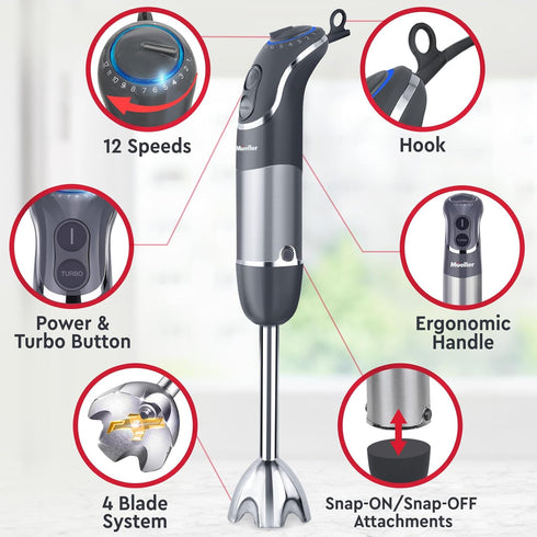 Mueller Multistick 800W Handheld Immersion Blender, 12 Speed Mixer with Turbo Boost, Copper Motor, Titanium Blades