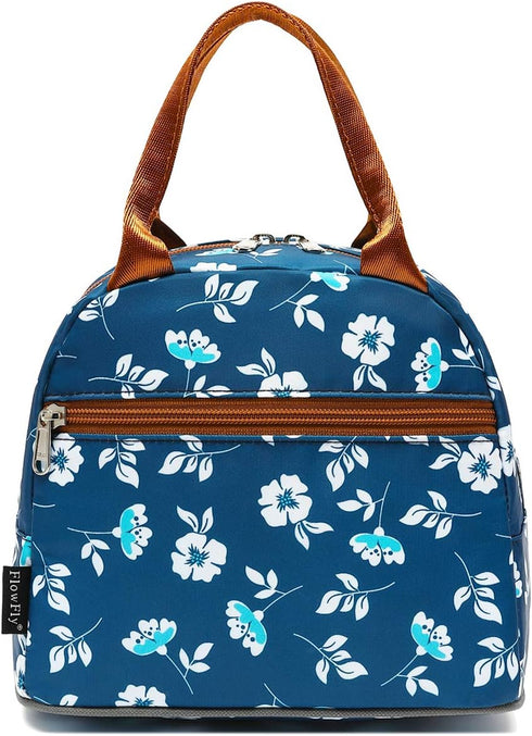 FlowFly Insulated Lunch Cooler Bag - Floral Tote Bag Organizer for Women/Men, White