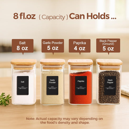 8 oz 16Pack, Set, ComSaf Spice Jars with Labels Small Spice Containers Starter Glass Seasoning Jars with Lids, Square
