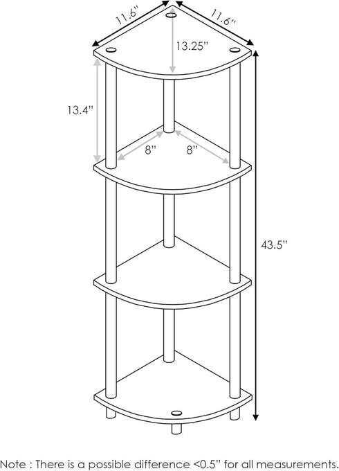 4-Tier Furinno TURN-N-TUBE Corner Shelf, Corner Bookshelf, Display Storage Shelves with Open Shelves, for Organization