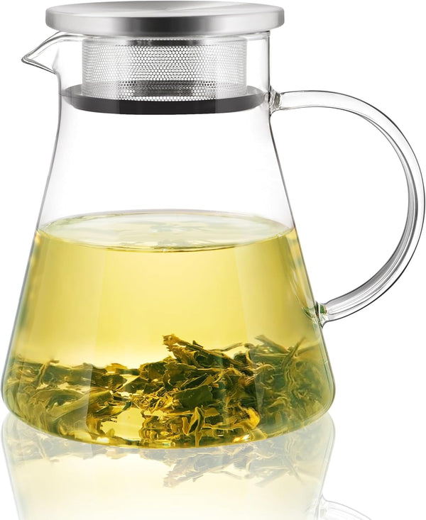 CNGLASS 30.5oz/900ml Glass Teapot Stovetop Safe,One-Touch Clear Tea Kettle,Blooming and Loose Leaf