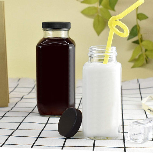 Encheng Beverages Drinking Bottles 12oz, Glass Water Bottle with Lids, Octagonal Vintage Juice Bottles 20Pack