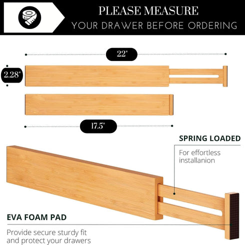 Expandable Bamboo Drawer Dividers 8 Pack with Labels, Drawer Organizer for Kitchen, Clothes, Office, Bathroom