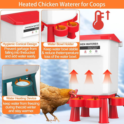 2 Summer Hanging Heated Chicken Waterer, Gallon Plastic Chicken Water Heater Heated Poultry Drinker, Detachable Legs