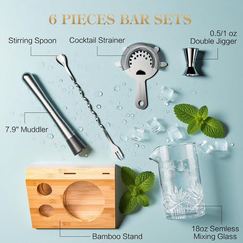 6 Set 18oz Set Cocktail Mixing Glass, veecom Piece Crystal Bar Mixing Glass Bartender with Bamboo Stand, Old Fashioned