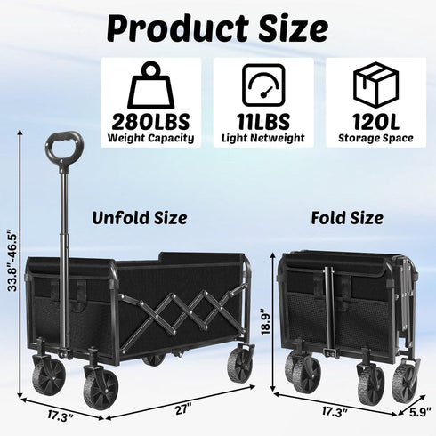 280 Lbs Wagons Carts Foldable, with Adjustable Handle, Black Lightweight Portable, Collapsible Wagon for Beach Trip