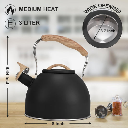 Vegoran Tea Kettle, 100 OZ / 3 Liter Whistling Kettle, Food Grade Stainless Steel with Wood Pattern Folding Handle