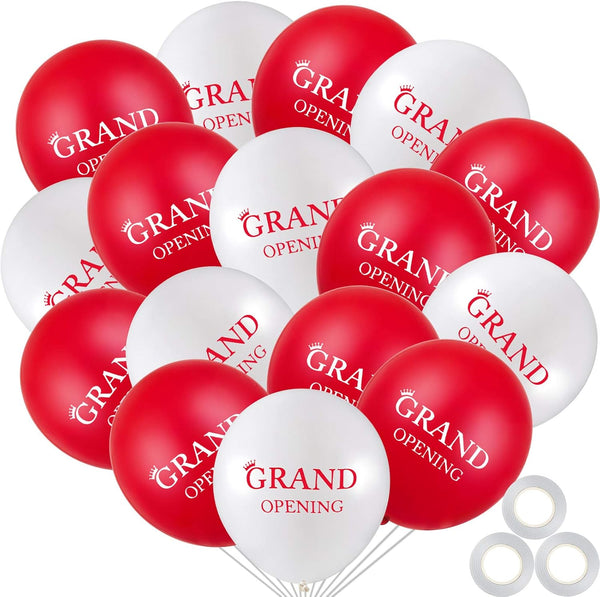 60 Pieces Grand Opening Balloons, 12 Inch Double Side Celebrate Business Latex Balloons with 3 White Ribbons