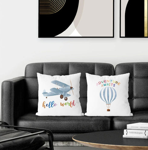 16x16 Set 2, Hot Air Balloon Airplane Nursery Decor, Hello World Adventure Awaits Airplane Hot Air Balloon Pillow Case