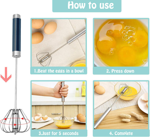 Semi-automatic Whisk, Stainless Steel Egg Beater, Hand Push Rotary Mixer for Whisking, Beating, and Stirring