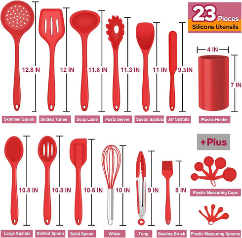 E-far 23 Pcs Silicone Kitchen Utensils Set in Red, Cooking Tools with Holder for Nonstick Cookware, Heat Resistant