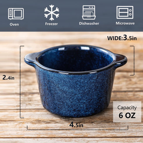 VICRAYS Creme Brulee Ramekins, 6 oz Ceramic Bowls for Baking Individual Casserole, Souffle Dishes, Blue Set of 6