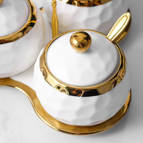 Golf Porcelain Sugar Bowl Condiment Pot, Salt Container with Lid, Spoon and Tray, Set of 3, Modern Spice Box Seasoning