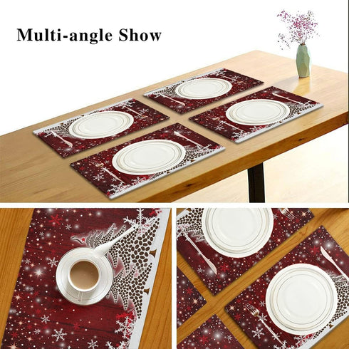 Christmas Tree with Snowflake Placemats Set of 6, Winter Holiday Kitchen Mat Dining Place Mat, Heat-Resistant