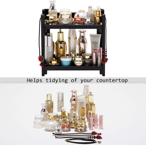 GOBAM Multi-Function Cosmetic Organizer, Vanity Makeup Holder for Bathroom, Easy Assembly, No Screws, Black Bamboo