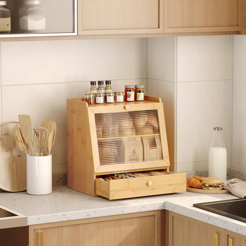 2-Tier Countertop YL21MB01 HOOBRO Bread Box, Bamboo Bread Box Storage Container with Drawer, Kitchen Food Storage Box