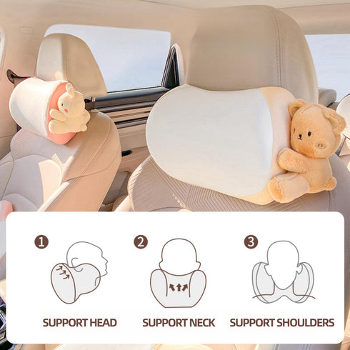 UINSUE 2PCS Cute Car Headrest Pillow Bear Bunny Car Seat Neck Pillow Memory Foam Neck Support Cushions for Comfortable