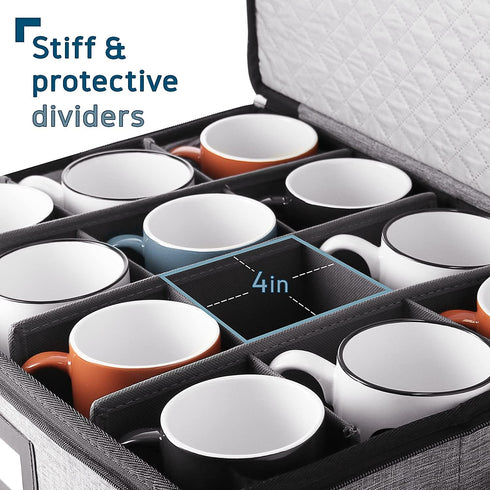Coffee Mug Storage – Quilted Stackable Organizer for 12, Mug Storage Box with Dividers for Moving and Seasonal Storage