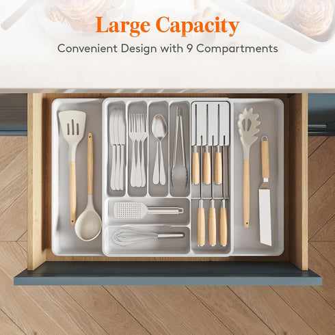 Lifewit Silverware Organizer for Kitchen Drawers, Expandable Utensil Tray with Removable Knife Block, Large, White