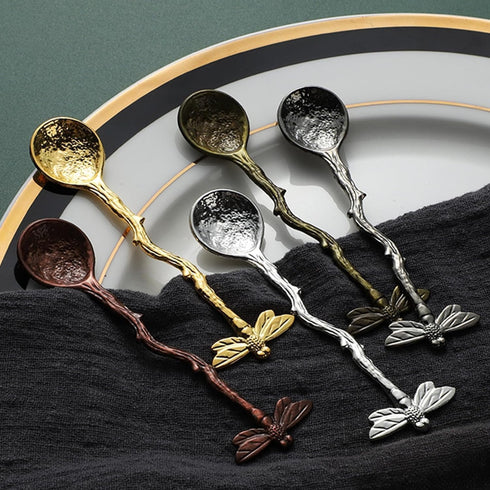 Gold Retro Dragonfly Spoon - Coffee Spoon, Teaspoon, Stainless Steel Tableware, Creative Sugar Spoon, Long Handle
