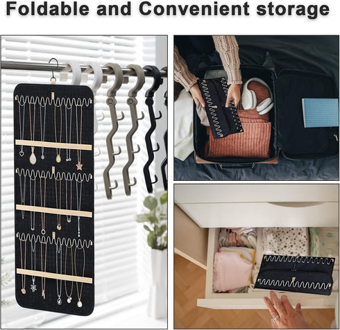 Hanging Jewelry Organizer - Double Sided with 32/48 Pockets, 14/21 Hook Loops, Foldable Travel Jewelry Roll