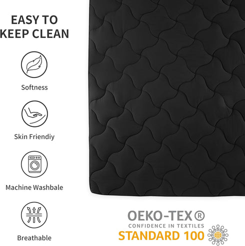 SLEEP ZONE Cooling Mattress Topper, Full Size Quilted Fitted Mattress Pad, Soft Fluffy Down Alternative - Black