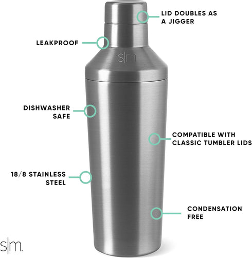 Simple Modern Cocktail Shaker Set with Jigger Lid | Stainless Steel Boston Shaker Insulated Martini Mixer | 20oz