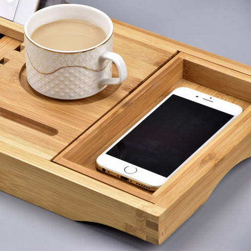 Sen Yi Bao Bamboo Luxury Bathtub Caddy Tray - Expandable Wood Bath Tray with Integrated Tablet, Smartphone, Wine Holder