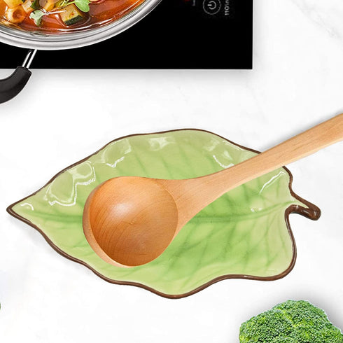 Green Leaf Shape Spoon Rest - Ceramic Spoon Holder for Stove Top, Farmhouse Decor with Wooden Spoon, 5.1 W x 7.5 L