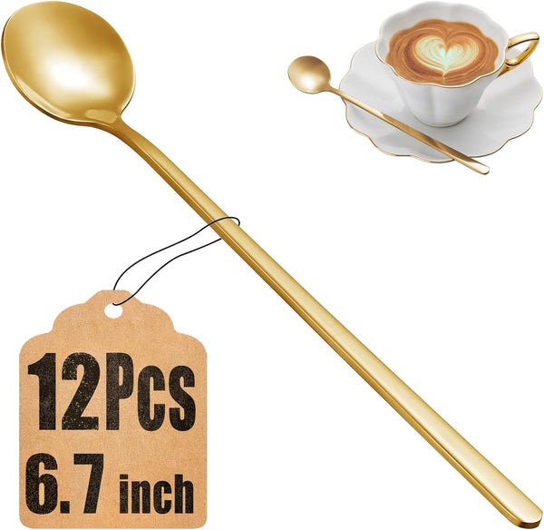 12 Pcs Coffee Spoons Set, 6.7" Long Handle Gold Tea Spoons, Stainless Steel Gold Spoons for Stirring