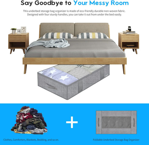 Onlyeasy Large Underbed Storage Bags Organizer Container (2 Pack) with 4 Handles and Clear Window, Herringbone Grey