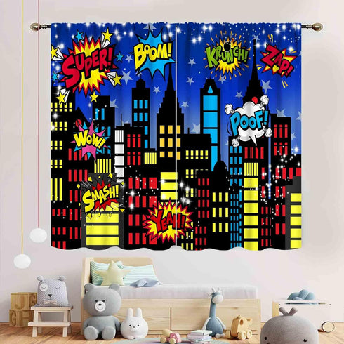 TKUYO 2 Sets, 84"x84" Inch Superhero City Curtains, Comic Night Starry Skyline Cityscape Buildings Comic Blackout
