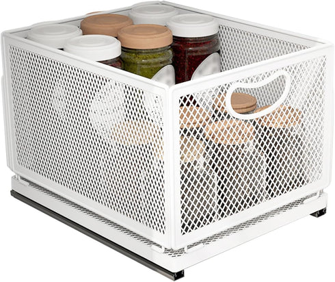 Sliding Cabinet Basket Organizer, Heavy Duty Carbon Steel Self Adhesive Slide Out Pantry Storage Basket