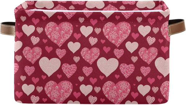 Happy Valentine's Day Storage Basket, Fabric Kitchen Bins in Pink Purple Love Heart, Foldable Organizer Bag, 16×12×8