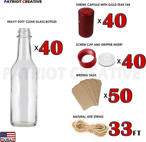 PATRIOT CREATIVE 40 Pack 3oz Woozy PATRIOT Hot Sauce Bottles with Lids RED, Glass Bottles with Dripper Inserts