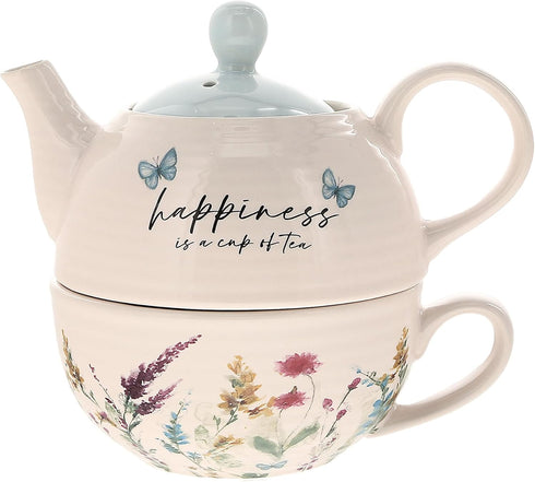 Pavilion Gift Company - Happiness 14.5 oz Ceramic Teapot and Tea Cup