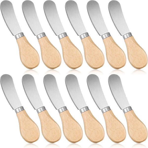 Patelai 12 Pieces Cheese Spreader Knife Set, Stainless Steel Butter Spreaders with Wooden Handle, 4.7 Inch