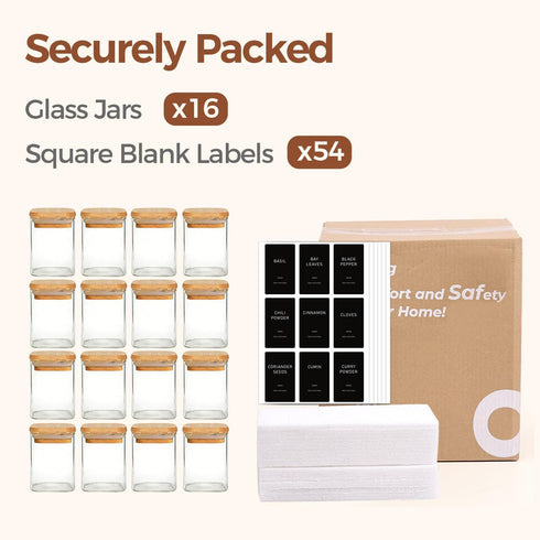 4oz 16 Pack, 54 ComSaf Spice Jars with Label Glass Spice Jars with Bamboo Lid, Small Seasoning Containers with Black